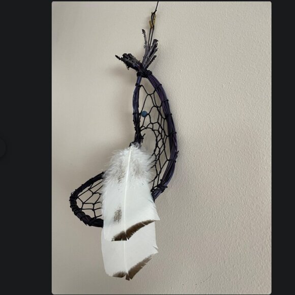 Purple Pine Needle Dreamcatcher - Protection - Turkey Feathers - Black Agate - Picture 3 of 6